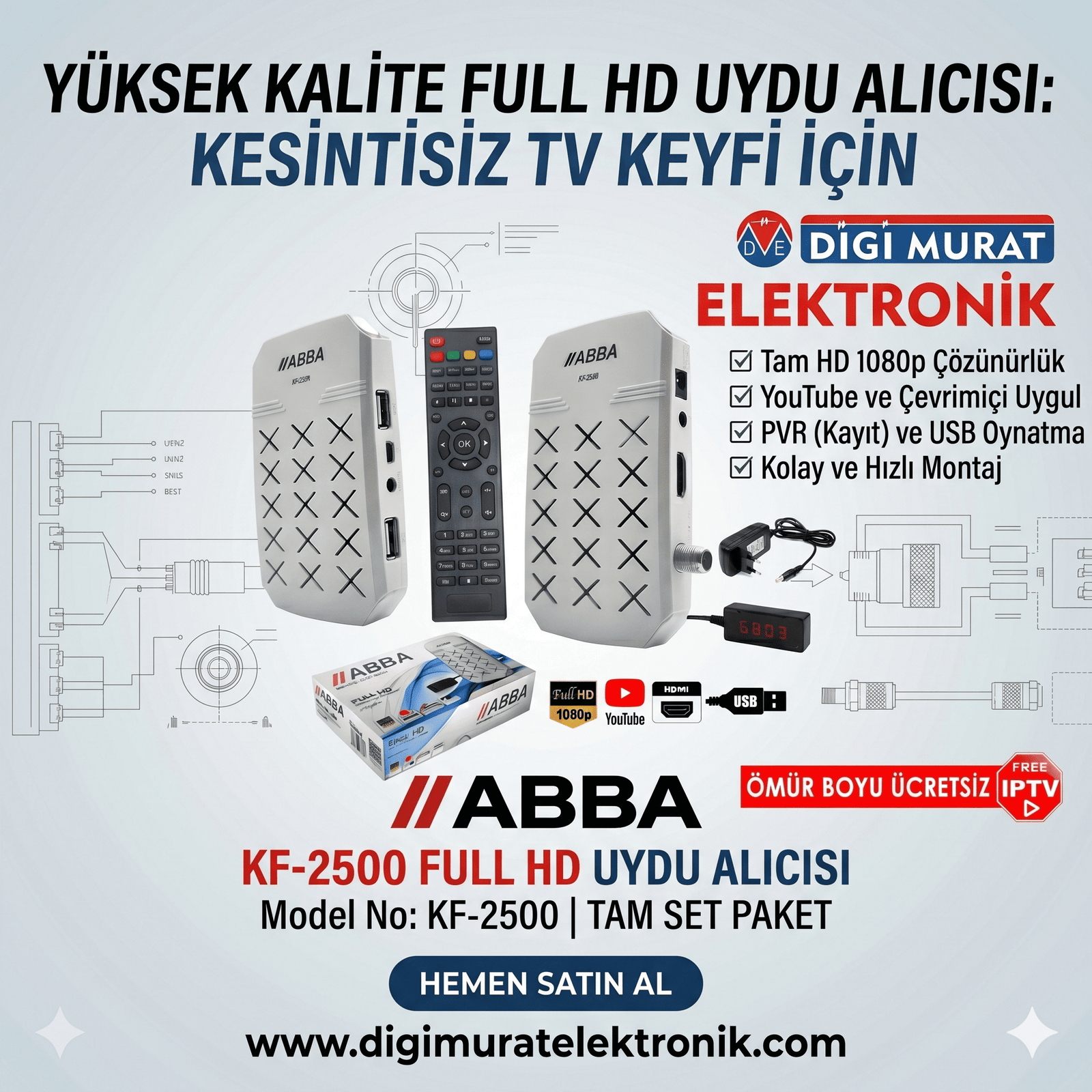 Full Hd Uydu Alıcı Youtube Free IPTV Wifi Desteği Youtube Abba KF-2500