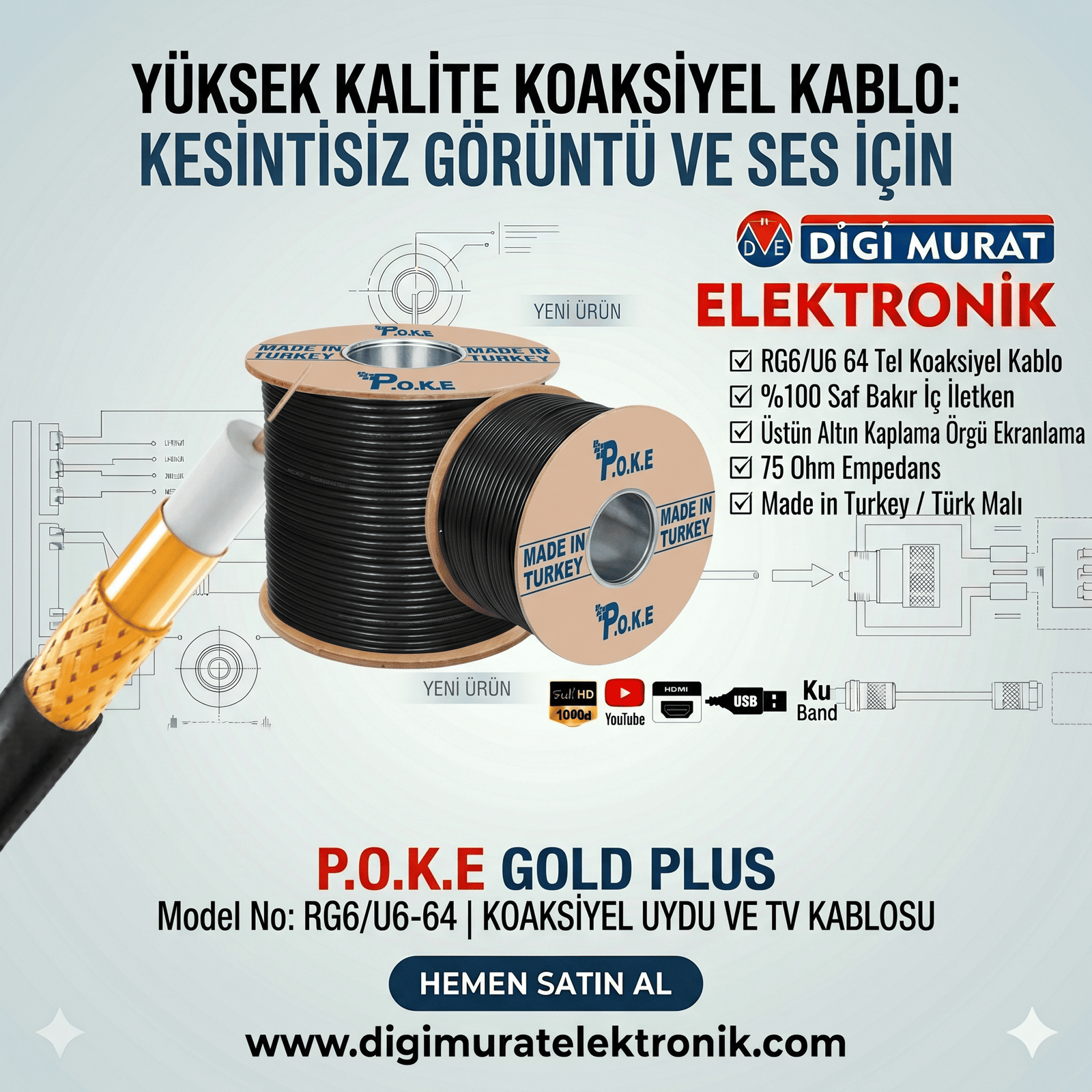 64Tel Gold Anten Kablosu RG6/U6 1.02 Siyah 300mt 