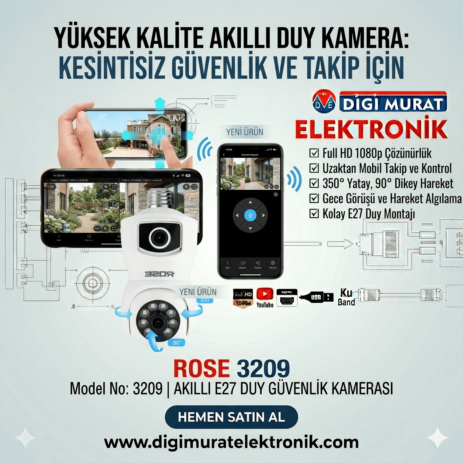 Wifi PTZ Akıllı Ampul 2 Kamera Gece Renkli Sesli Rose