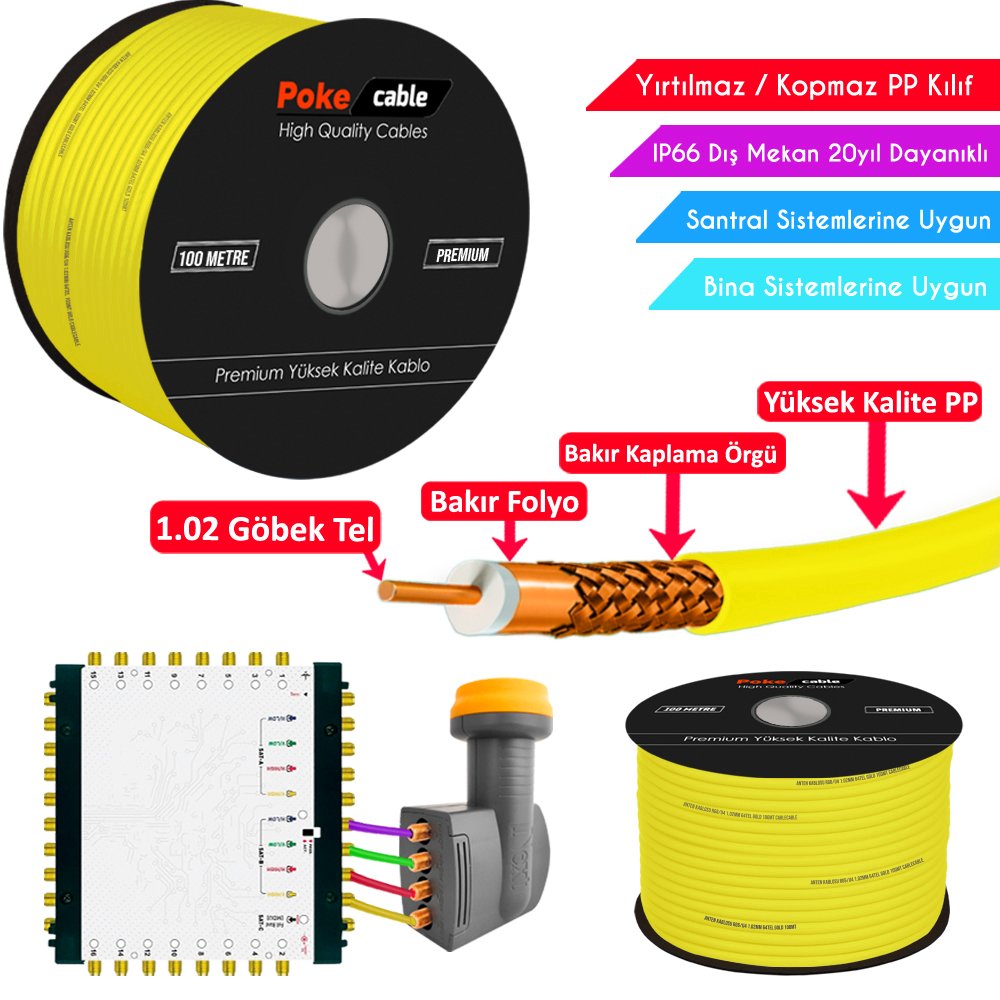 Dış Mekan PP Anten Kablosu Gold RG6/U6 64Tel 1.02 Sarı 100mt
