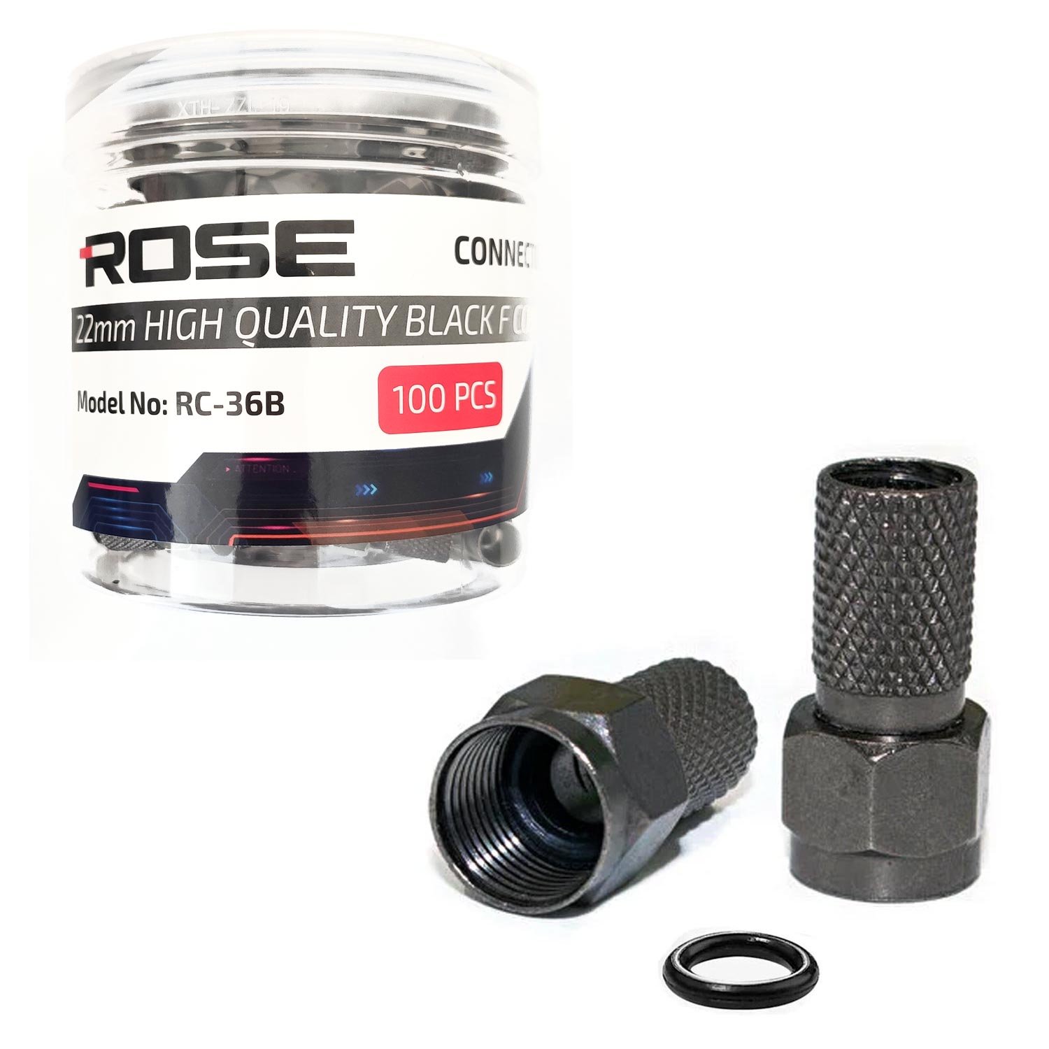 RG6 F Konnektör Contalı Premium 22mm Siyah 100 Adet